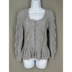 Vintage Cardigan Sweater Womens Small Gray Silver Ruffle Pearl Boho Cottagecore